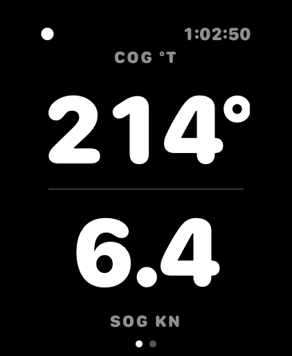 Better Captain showing course over ground 214 degrees and speed over ground 6.4 knots