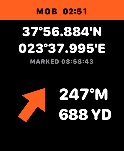 Man overboard page with arrow, bearing and distance back to the mark