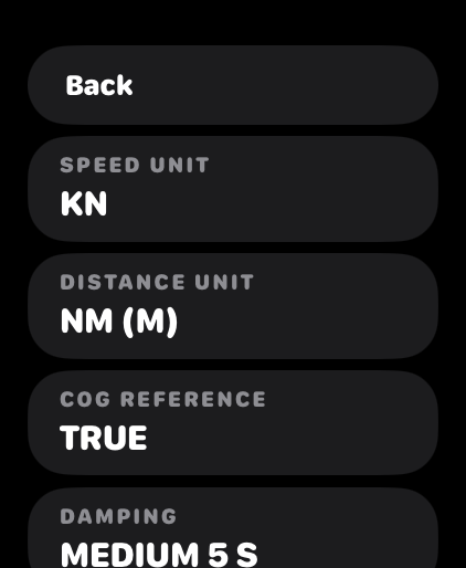 Settings: speed unit, distance unit, COG reference and damping